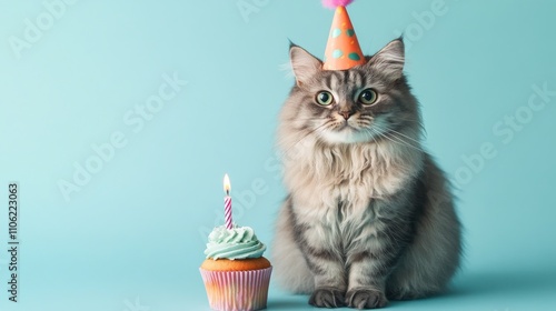 Celebratory cat wearing a party hat next to a cupcake on a blue background