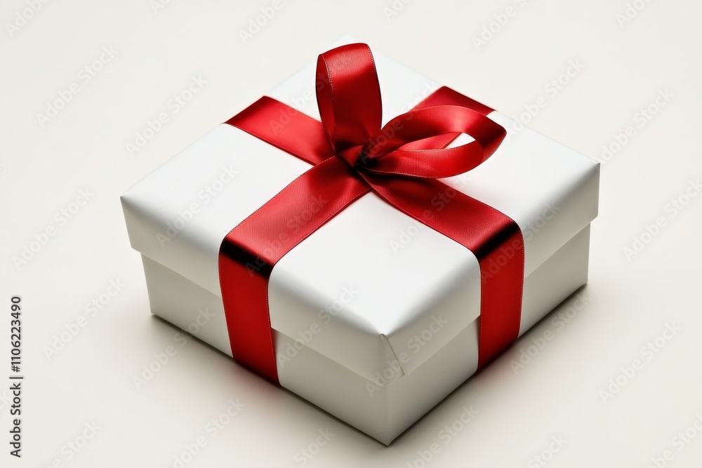 Elegant White Gift Box with Red Ribbon - A pristine white gift box adorned with a vibrant red ribbon, symbolizing celebration, love, surprise, appreciation, and joy. Elegant White Gift Box with Red Ribbon - A pristine white gift box adorned with a vibrant red ribbon, symbolizing celebration, love, surprise, appreciation, and joy.