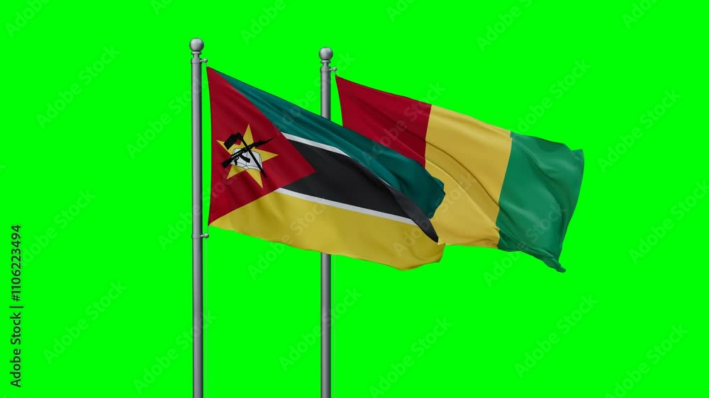 Republic of Guinea or Guinea-Conakry and Mozambique flags flying together, video concept of the relationship with colored chroma key for easy background remove Republic of Guinea or Guinea-Conakry and Mozambique flags flying together, video concept of the relationship with colored chroma key for easy background remove
