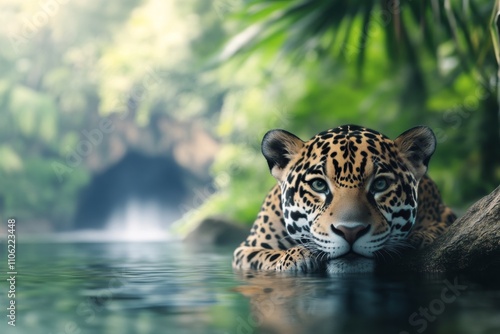 Majestic jaguar prowling through calm waters in lush rainforest habitat at dawn
