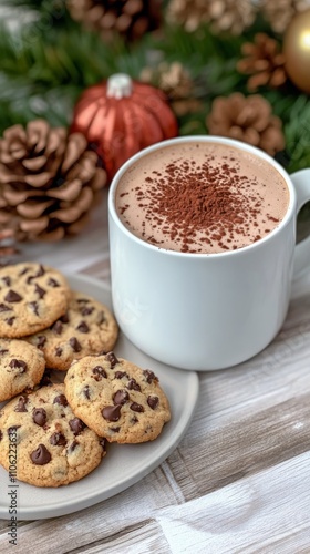 Warm chocolate chip cookies and hot cocoa served on a cozy winter table setting