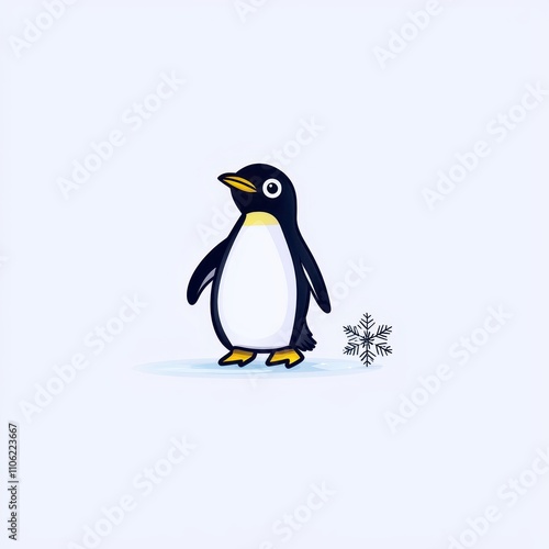 Cute cartoon penguin standing on ice with a snowflake nearby, ideal for winter themed projects and children's illustrations, creating a cheerful and playful atmosphere. photo