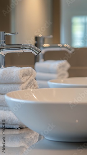 Modern bathroom design features a round sink and neatly stacked towels on a c...