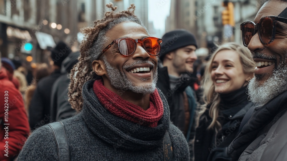 Obraz premium Diverse group of people laughing in city street. 