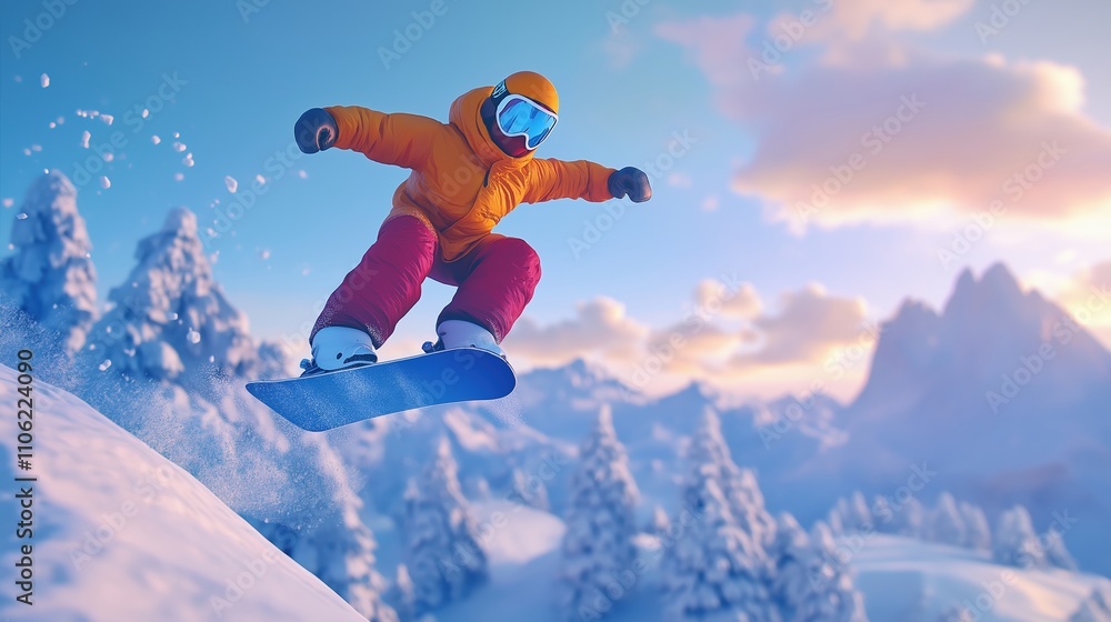 Snowboarder in bright orange outfit jumping on a snowy slope under a clear blue sky Snowboarder in bright orange outfit jumping on a snowy slope under a clear blue sky