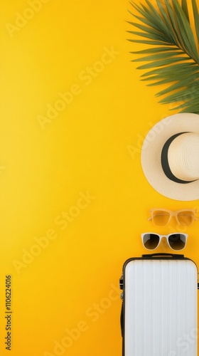 Vibrant travel essentials with suitcase, hat, and sunglasses on bright yellow...