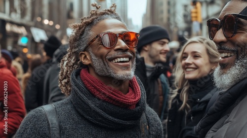 Diverse group of people laughing in city street. 