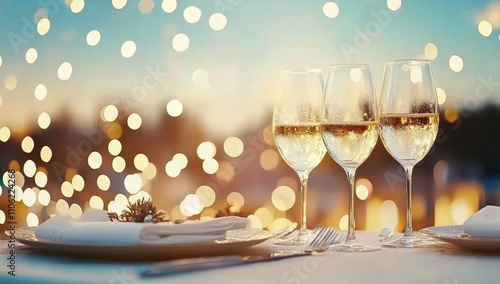Elegantly designed table setting with sparkling wine and floral arrangement f...