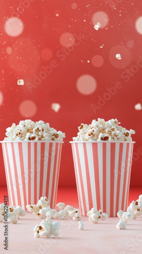 Popcorn stands out in striped containers against a vibrant red background wit...
