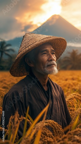 Elderly farmer in rice field at sunset with mountain background in rural land...