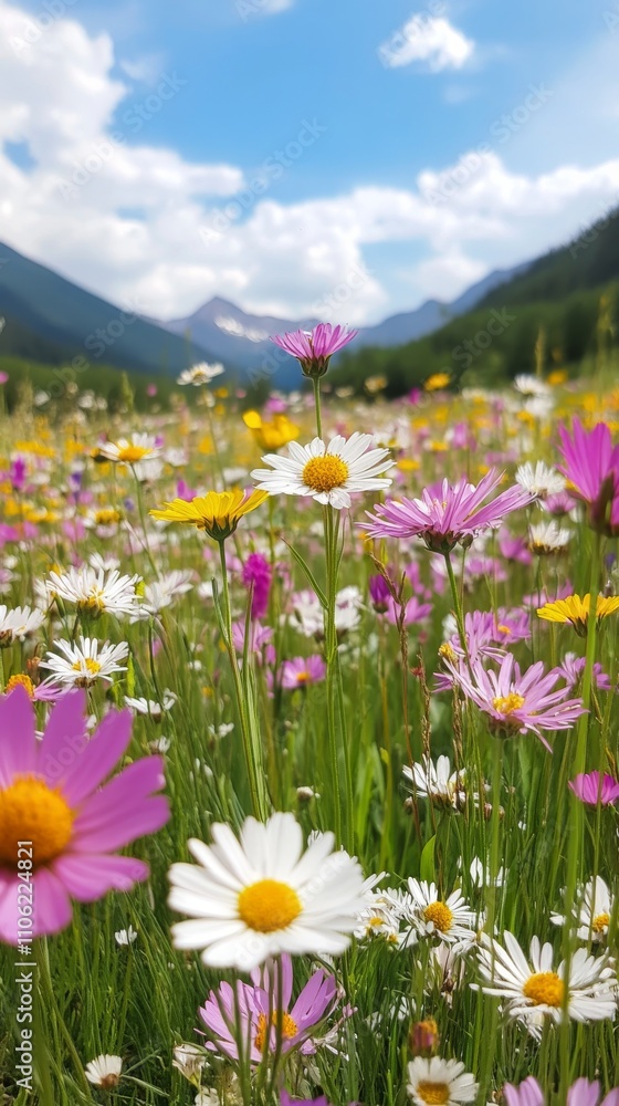 Obraz premium Colorful wildflowers bloom under a clear blue sky in a vibrant meadow during springtime