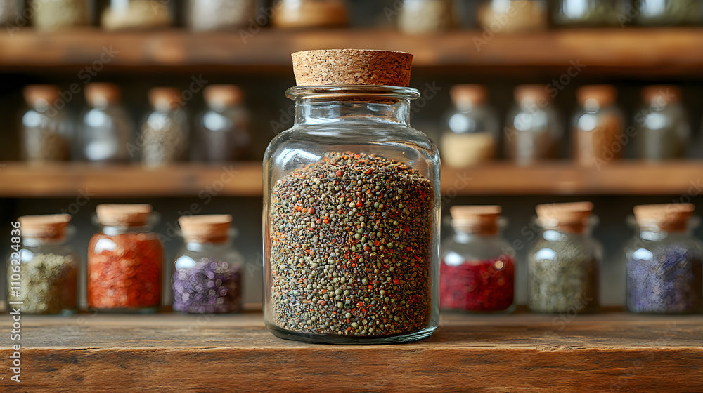 A Rustic Spice Jar Overflowing with Aromatic Cumin Seeds on an Aged Wooden Shelf Filled with Traditional Ayurvedic Herbs A Rustic Spice Jar Overflowing with Aromatic Cumin Seeds on an Aged Wooden Shelf Filled with Traditional Ayurvedic Herbs