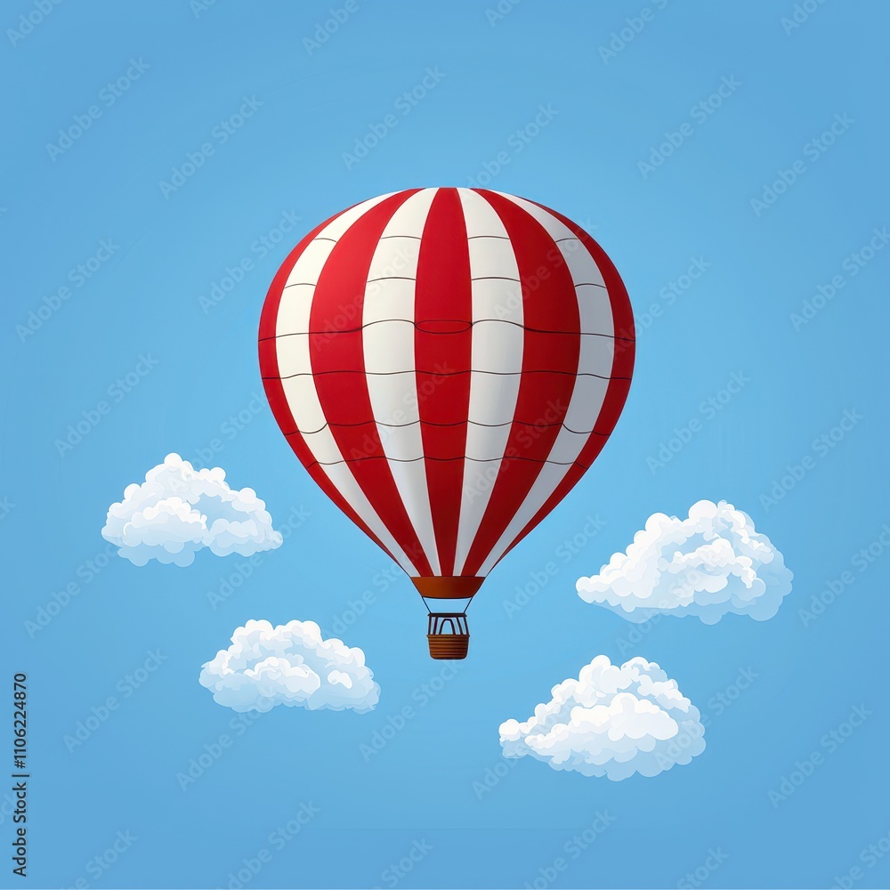 Naklejka premium Vibrant Red and White Striped Hot Air Balloon Floating in a Blue Sky Surrounded by Fluffy White Clouds with a Bright Sunlight Illumination