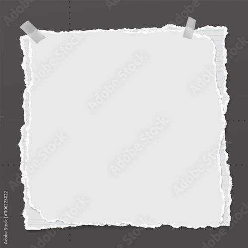 Set of torn white lined note paper, pieces with sticky tape are on dark background for text or ad.