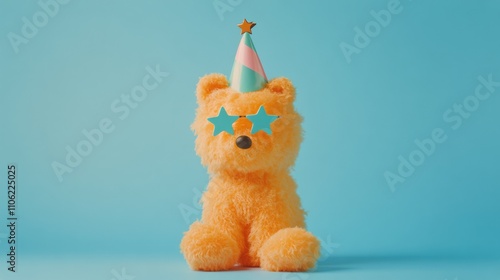 Cute dog wearing party hat and star shaped glasses celebrating a birthday or ...