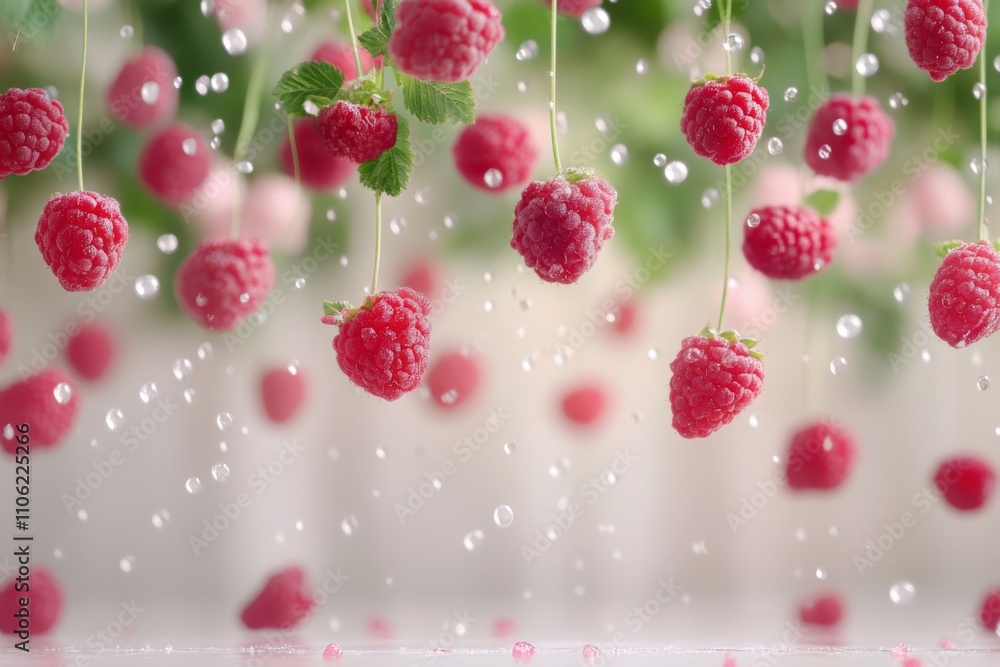 Red and white berries floating in air with splashes of water Red and white berries floating in air with splashes of water