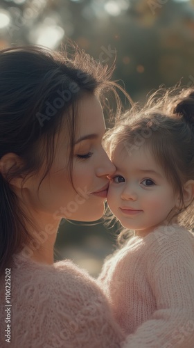 Mother and daughter share a tender moment in soft sunlight during a cozy indo...