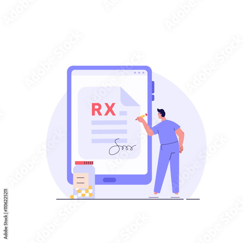 Doctor writes signature. Rx medical prescription for elderly people. Concept of medicine and pharmacy, healthcare, online prescription, disease therapy pills. Vector illustration in flat design