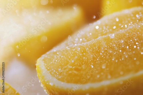 Fresh lemon slice with sparkling water droplets against a blurred background