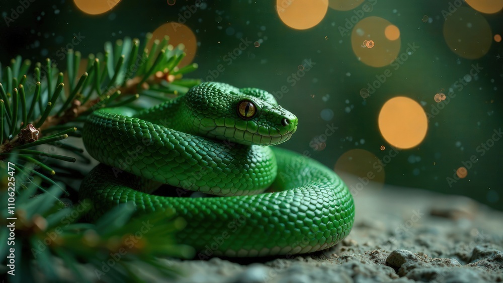 A snake coiled on fir tree branch against a bright lights background. Symbol of Eastern calendar. New Year party concept. Festive mood A snake coiled on fir tree branch against a bright lights background. Symbol of Eastern calendar. New Year party concept. Festive mood