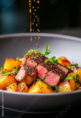 Delicious grilled steak with sauce and roasted potatoes on a festive table