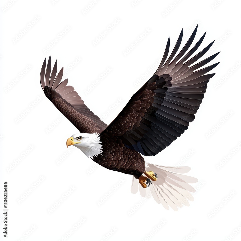 Majestic Bald Eagle in Flight with Outstretched Wings, Capturing the Spirit of Freedom and Strength Against a Clean White Background Majestic Bald Eagle in Flight with Outstretched Wings, Capturing the Spirit of Freedom and Strength Against a Clean White Background