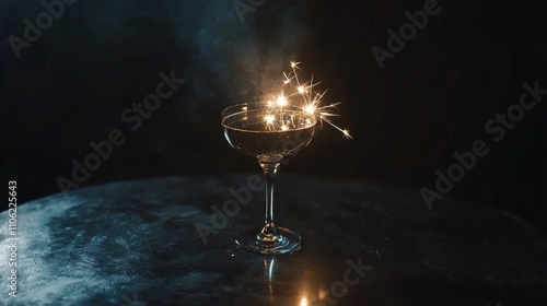 Sparkling drink with festive sparkler on a dark table setting during a celebr...