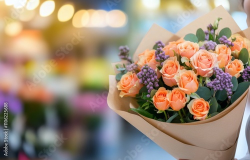 Beautiful bouquet of mixed roses and flowers in a vibrant market setting