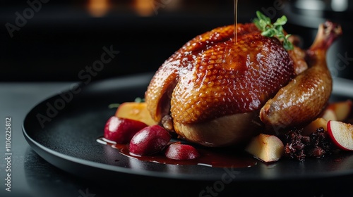 Succulent roast duck with fresh fruits and savory glaze on a black plate