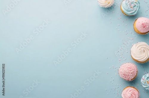 Colorful cupcakes arranged on a light blue background with sprinkles and fros...
