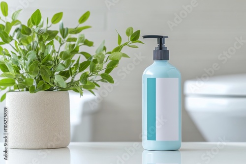 Indoor bathroom setup with towel, plant, and blue bottle placed on counter
