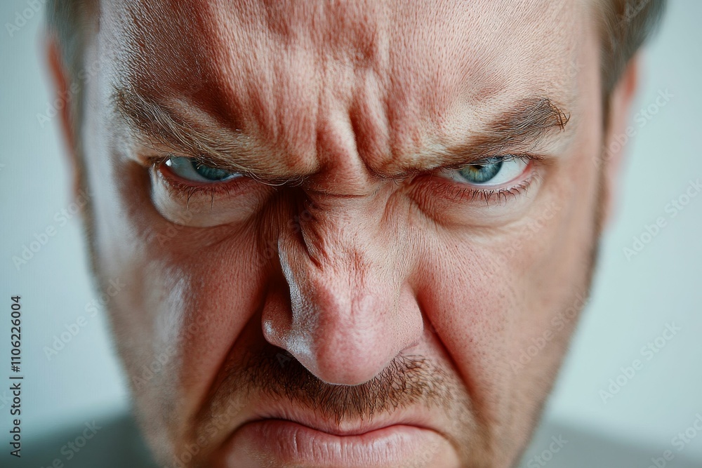 Close-up of angry man's face, furrowed brow, intense gaze. Close-up of angry man's face, furrowed brow, intense gaze.