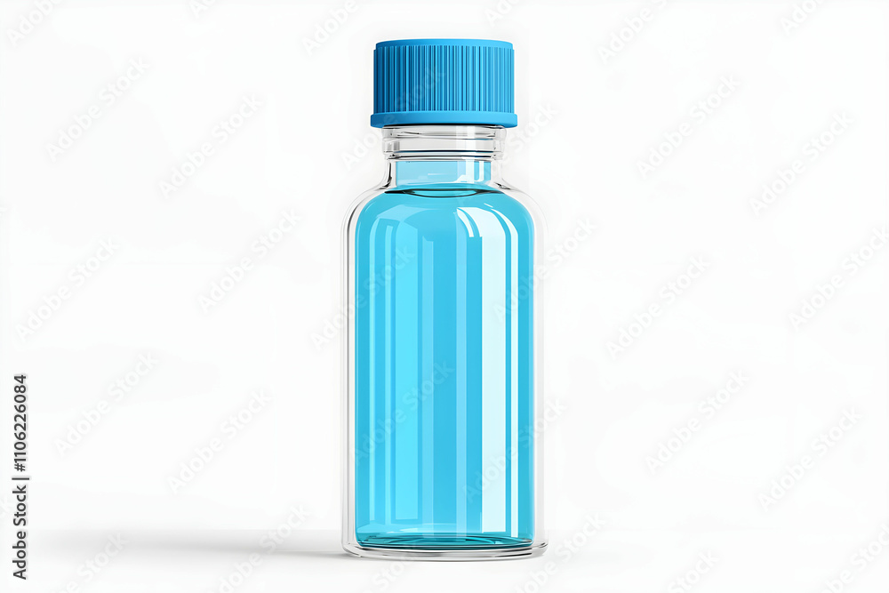 Clear Glass Bottle with Blue Cap Containing Vibrant Blue Liquid on White Background Clear Glass Bottle with Blue Cap Containing Vibrant Blue Liquid on White Background