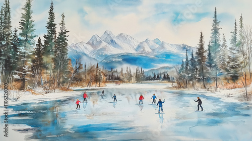 Children skating on a frozen lake surrounded by winter forest and distant mountains, captured in watercolor art