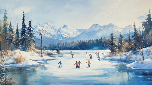 Children skating on a frozen lake surrounded by winter forest and distant mountains, captured in watercolor art