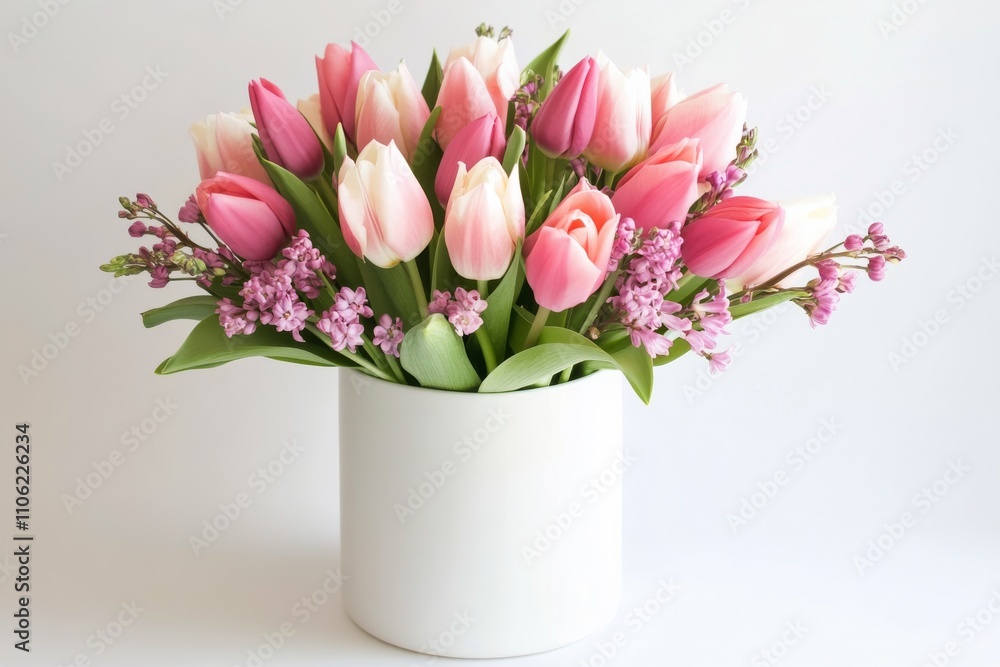 Floral arrangement featuring pink tulips and purple blooms in a white planter Floral arrangement featuring pink tulips and purple blooms in a white planter