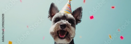 Happy dog wearing a party hat celebrating with colorful confetti in a festive...