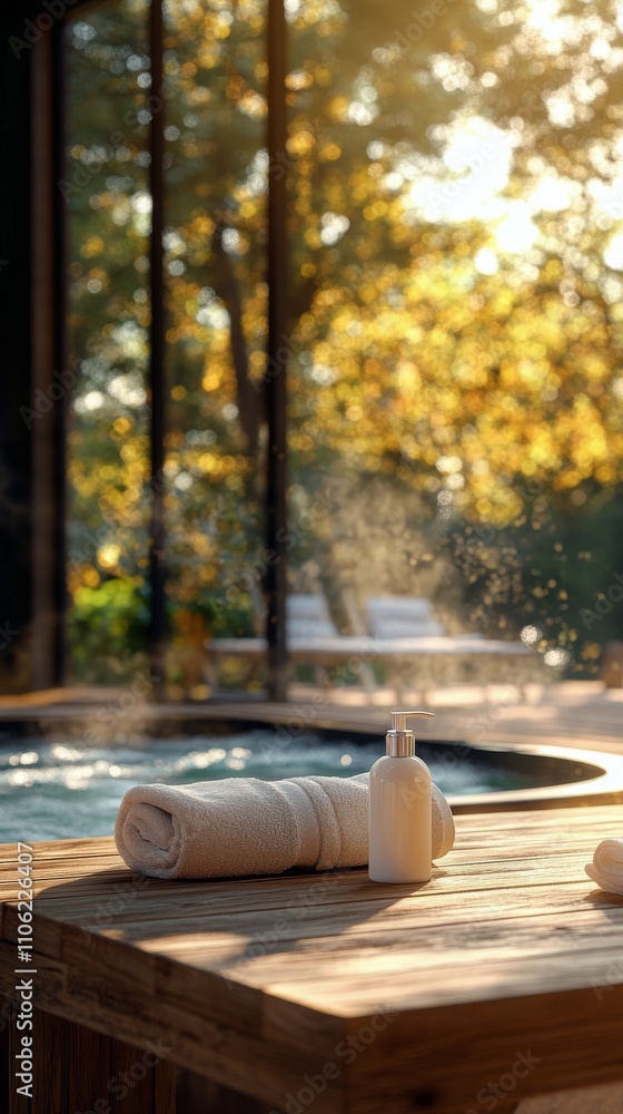 Serenity and relaxation in a tranquil spa setting surrounded by lush greenery Serenity and relaxation in a tranquil spa setting surrounded by lush greenery
