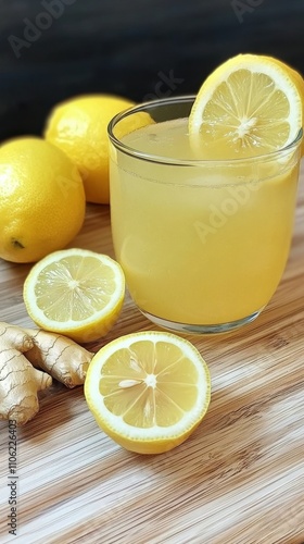 Fresh lemonade with ginger garnished with lemon slices on a kitchen countertop