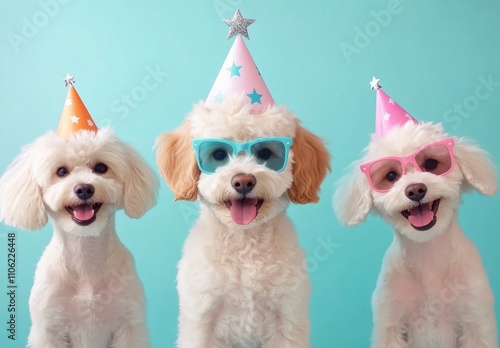 Dog in party hat and sunglasses enjoying a sunny day at the beach