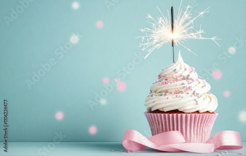 Sparkling cupcake celebration with colorful sprinkles and ribbon on blue back...