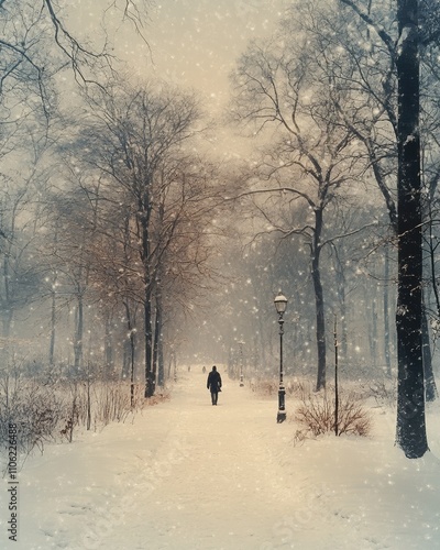 Solitary Walker in a Snowy Winter Park