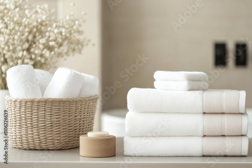 Spa setting with neatly stacked towels and basket of rolled towels on a tranq...