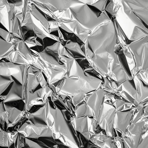 Crumpled metallic foil surface creating reflections and textures in bright light