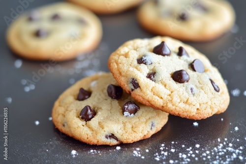 Freshly baked chocolate chip cookies arranged on a slate surface with scatter...