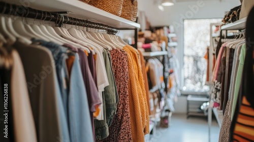 Colorful clothing displayed in a bright boutique with cozy decor and natural ...