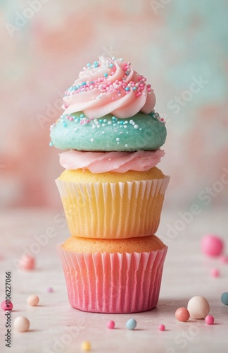 Colorful cupcakes stacked with frosting and sprinkles on a pastel background