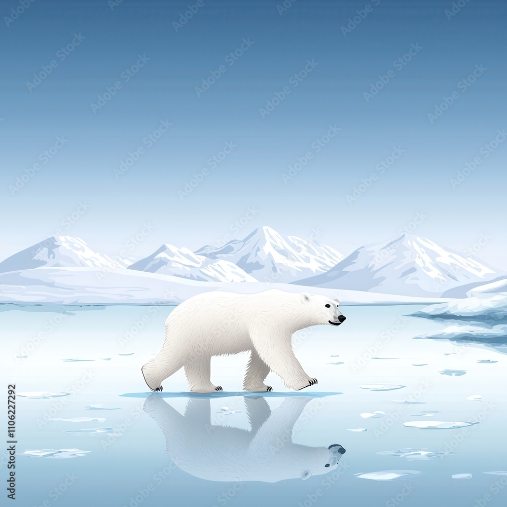 Majestic Polar Bear Walking on Icy Shoreline Amidst Vast Arctic Landscape with Glacial Mountains and Clear Blue Sky Majestic Polar Bear Walking on Icy Shoreline Amidst Vast Arctic Landscape with Glacial Mountains and Clear Blue Sky
