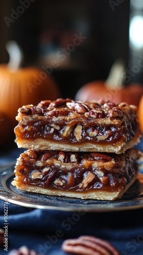 Pecan treats with caramelized topping on a decorative plate surrounded by pum...