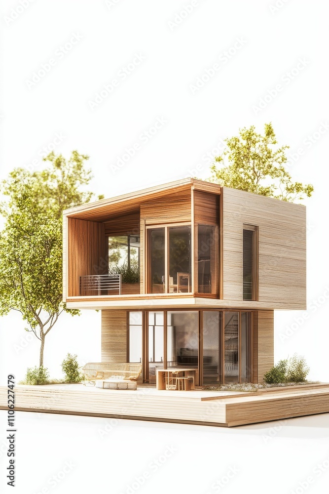 Modern wooden house model, trees, patio. Modern wooden house model, trees, patio.